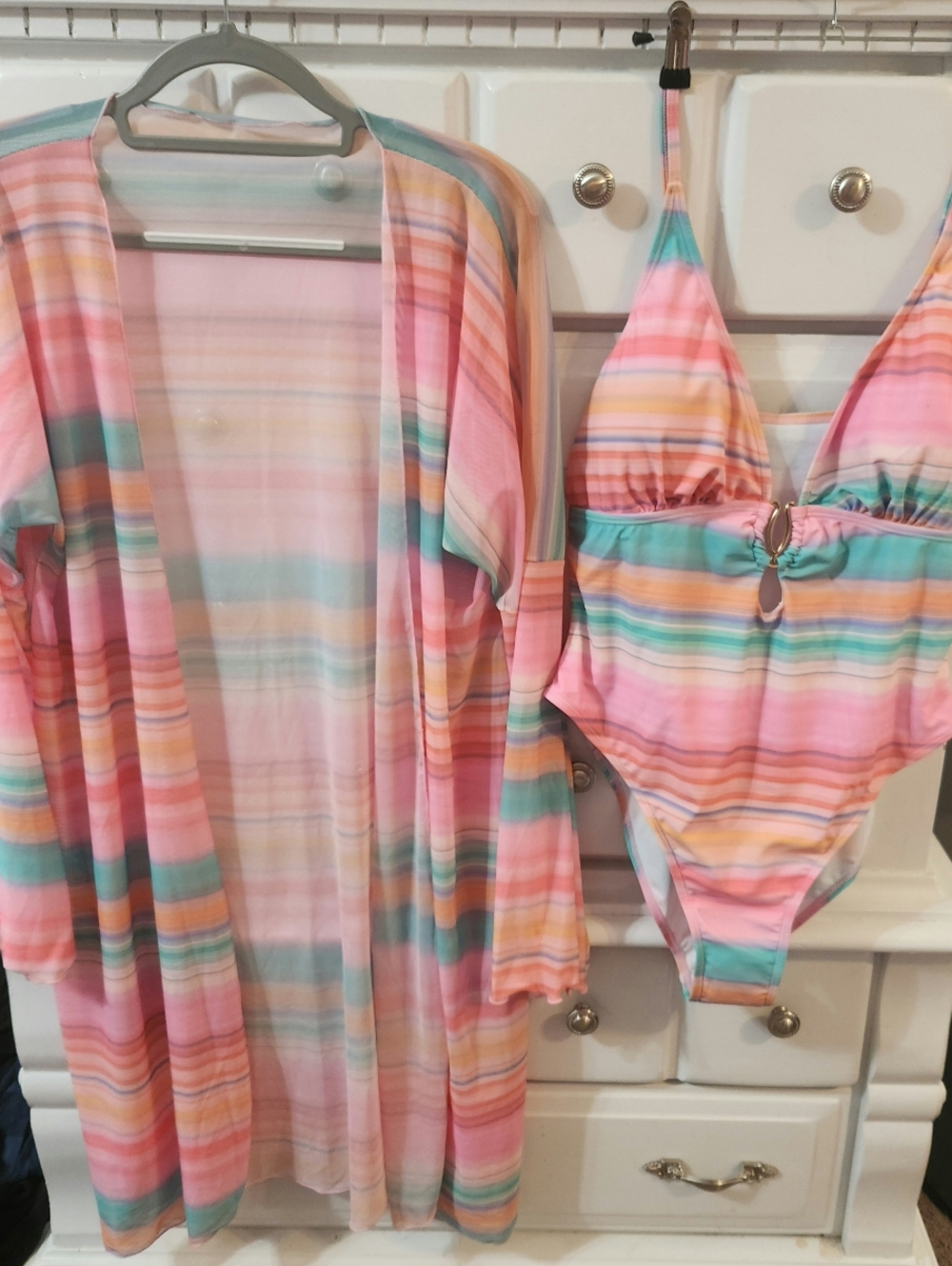 Brand New Striped Pastel Swim Set with Cover-Up